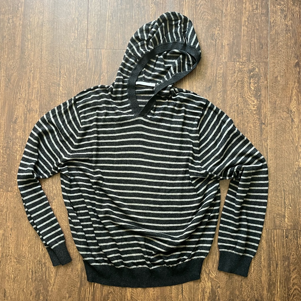 Vince Charcoal And Light Gray Striped Men Pullover Hoodie Sweater Sz Xl